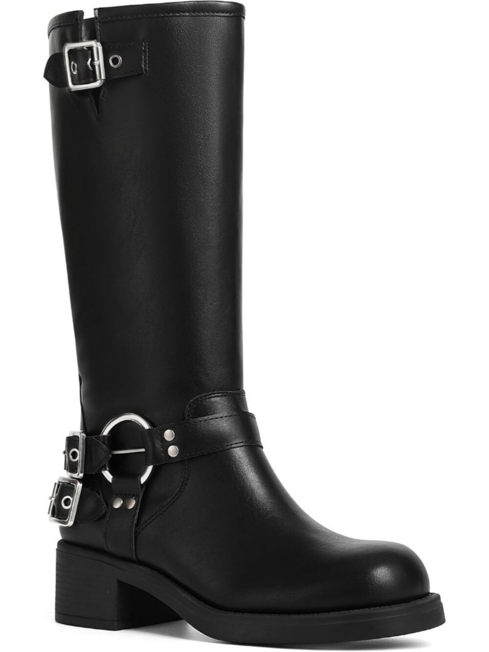 Womens All Black Pull On Wide Calf Riding Buckles Chunky Metallic Knee High Boot